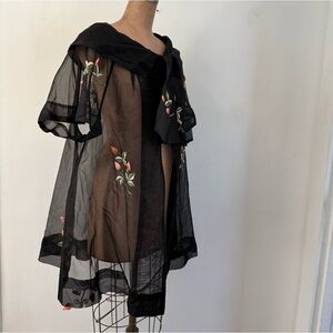 vintage gauzy & sheer cape like top with flowers  embroidery & appliqué
